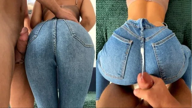 Demi-sœur taquise en jean moulant, éjaculation sur le cul