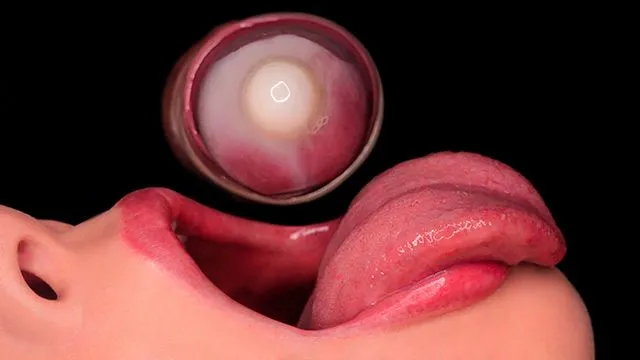 Condom blowjob ends with cum in mouth