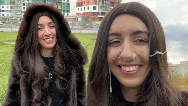 девушка в меховой шубе благодарит помощника фейшлом