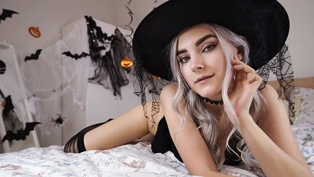 Cute horny witch takes facial and swallows cum