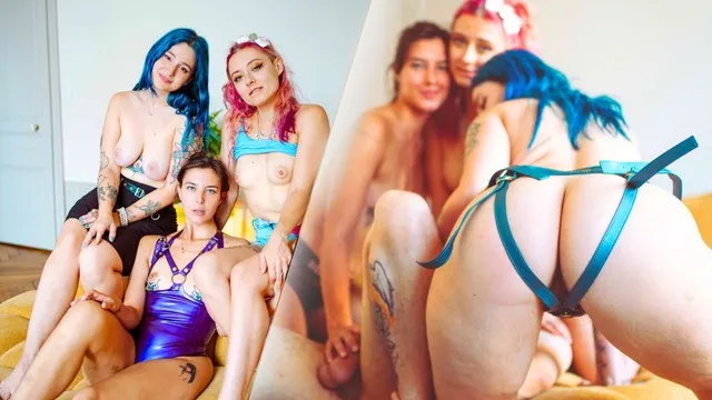 Pegging domination: 3 girls fuck him hard and make his dream come true