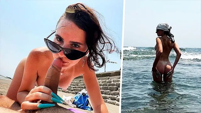 Beach blowjob by big-assed public beauty