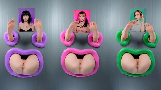 Gloryhole wall fucking three girls' assholes through holes