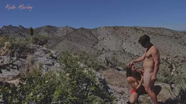 Outdoor blowjob on mountain top hiking