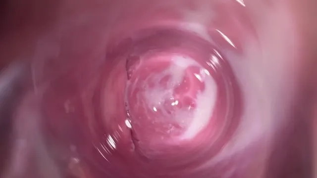 Deep internal view shows creamy pussy close-up