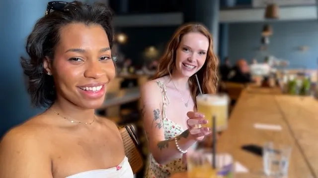 Threesome with hot brunette & busty blonde after bar pickup - ffm
