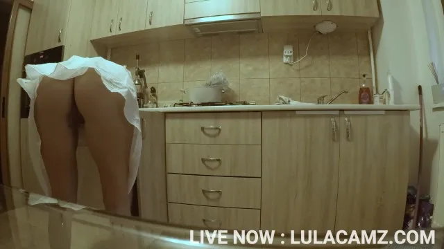 Stepbrother spies on hot teen stepsister in kitchen