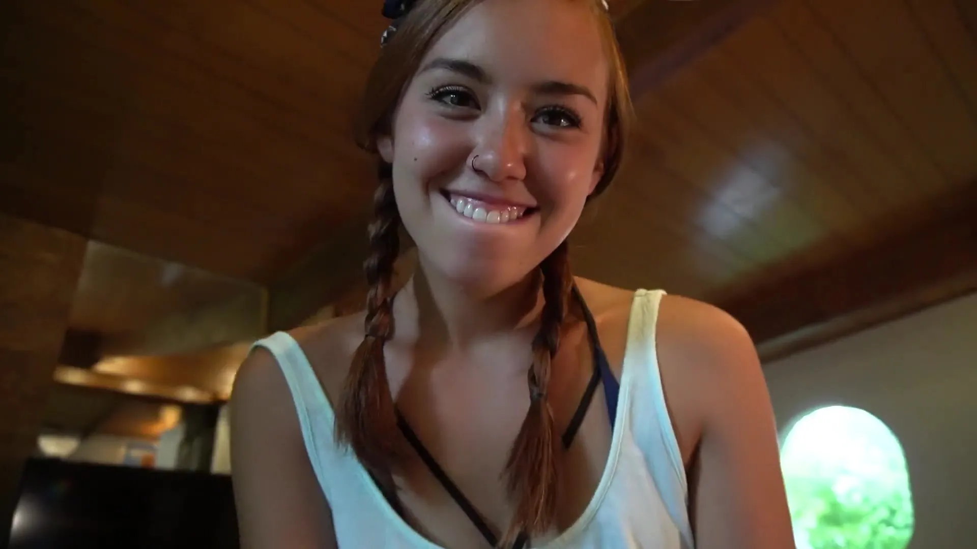 Hot sexy blowjob welcome home until she glistens with sweat