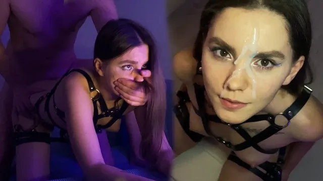 Sexy brunette in harness gives blowjob and rides cock - just look a...