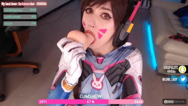 D.va cosplay babe sucks and rides fuck machine