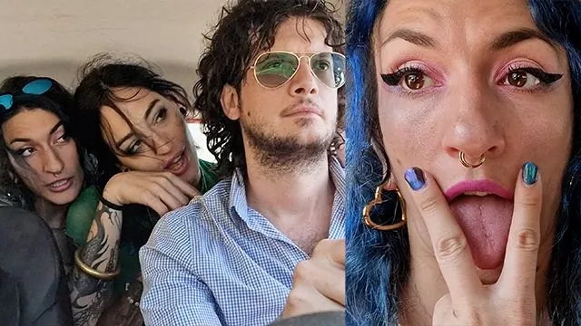 Outdoor double blowjob with stranded lesbian hitchhikers sharing cock