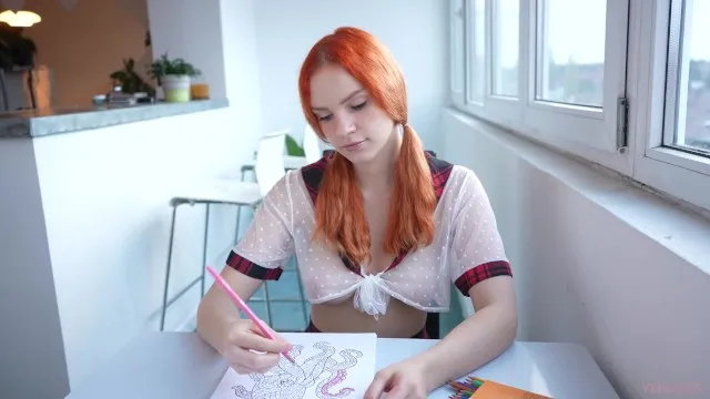 Schoolgirl coloring book spreads legs for guy