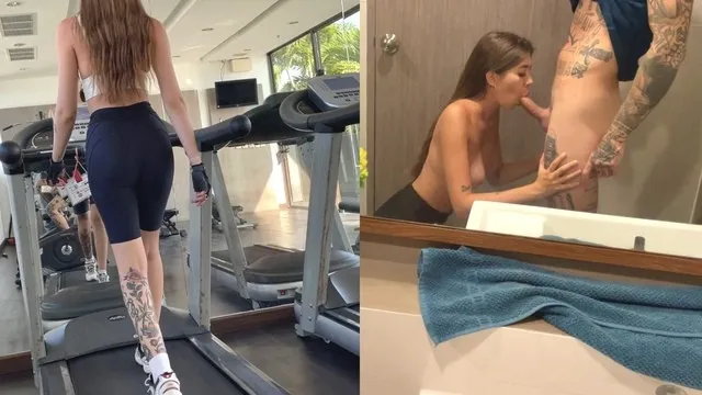 Fit milf babe sucks protein after public workout sex